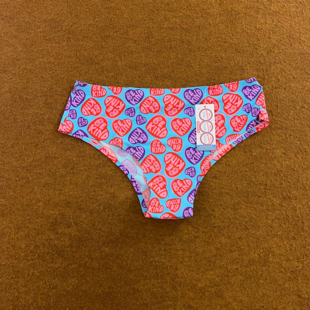 Cheek Boss Womens Large Blue Be Kind Heart Print Seamless Cheeky Panty NWT